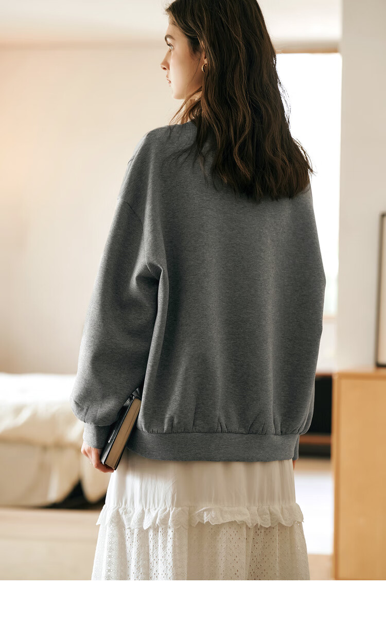 Oulain French V-Neck Sweatshirt for Women, Spring New Style Distinctive Lace Casual Pullover Top, High Gray, Size S 13