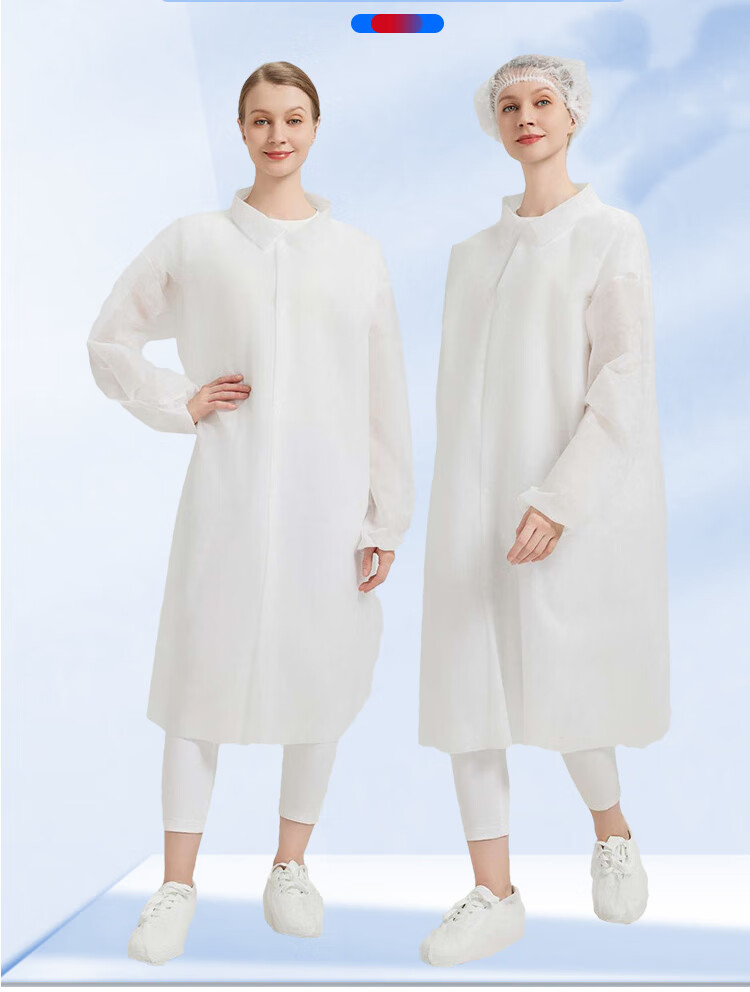 Mashifu Disposable Workwear White Coat [5pcs/pack] SMS Non-woven Dustproof Waterproof Breathable Cleanroom Suit Workshop Laboratory Factory Visit Uniform Hidden Buttons One Size 1