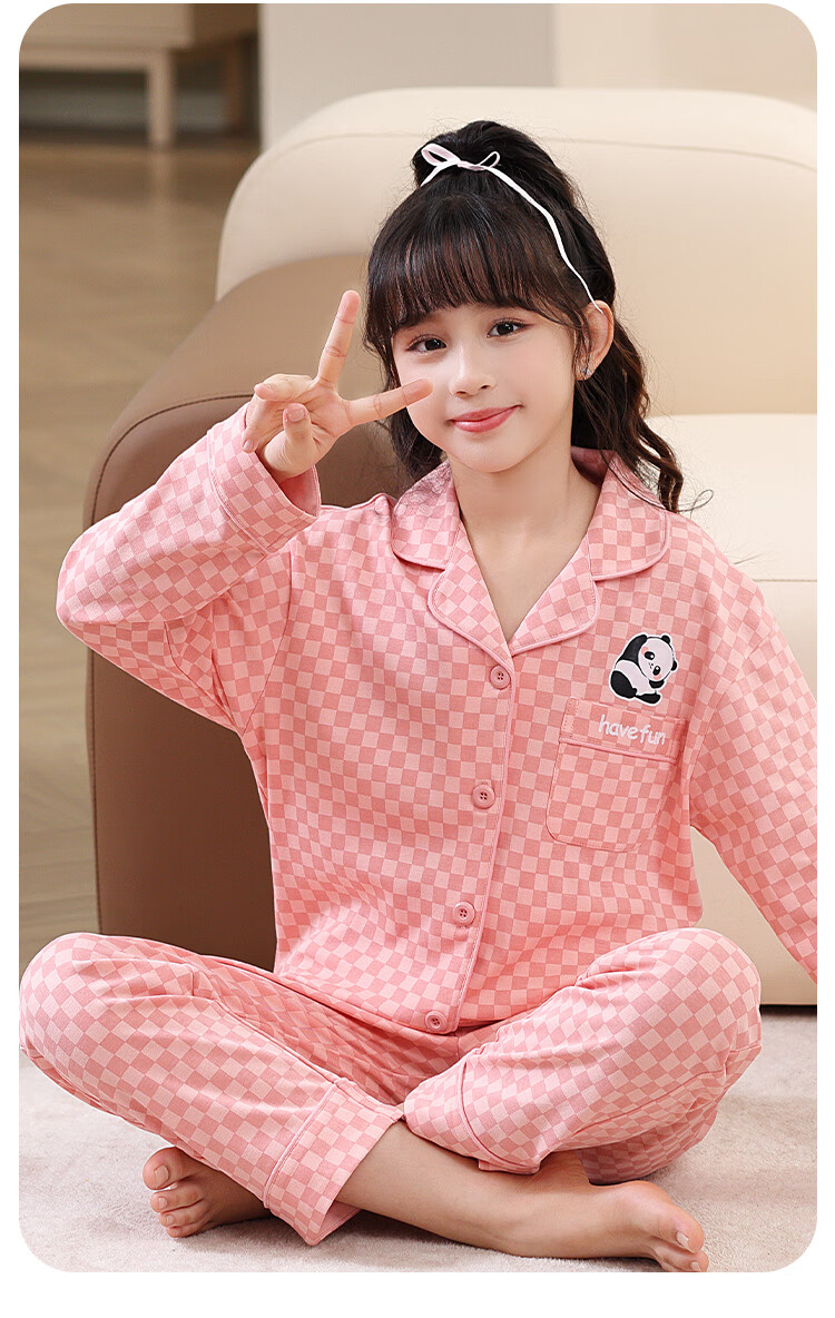 MiiOW Children's Pajamas, Girls' Spring And Summer Cardigan Long-Sleeve Home Wear Set, 40S Pure Cotton, 5A Antibacterial, Blue, 140cm 11