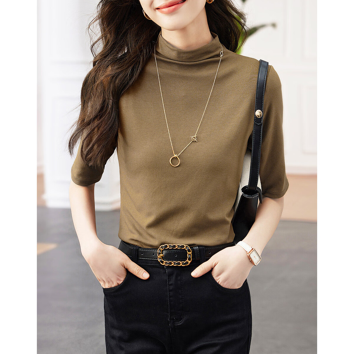 Dme [High-Elastic Simple Mid-Sleeve Base Shirt], Autumn Stand-Up Collar Slim-Fit Women's T-Shirt