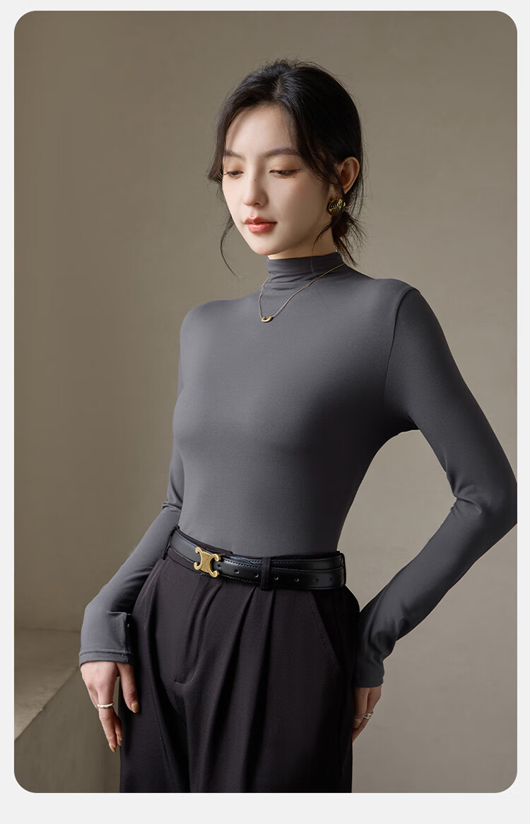 LangSha Turtleneck Base Layer for Women, Inner Wear, Warm, Form-Fitting, Spring And Summer, Antibacterial, Anti-Mite, Black Long-Sleeve T-Shirt, Brushed Warm Top 16