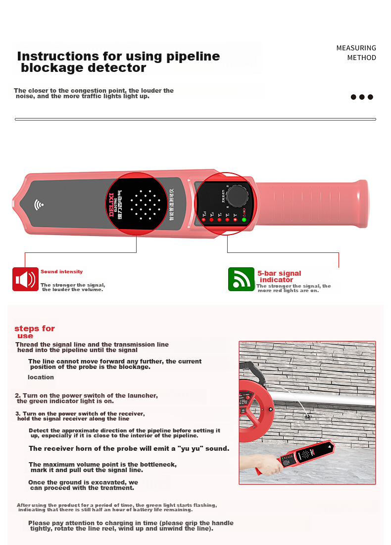 DELIXI ELECTRIC Intelligent Pipeline Blockage Detector, High-Precision Blockage Detection Device, Electrician's Blockage Detector, Detection Instrument, 20 Meters 16