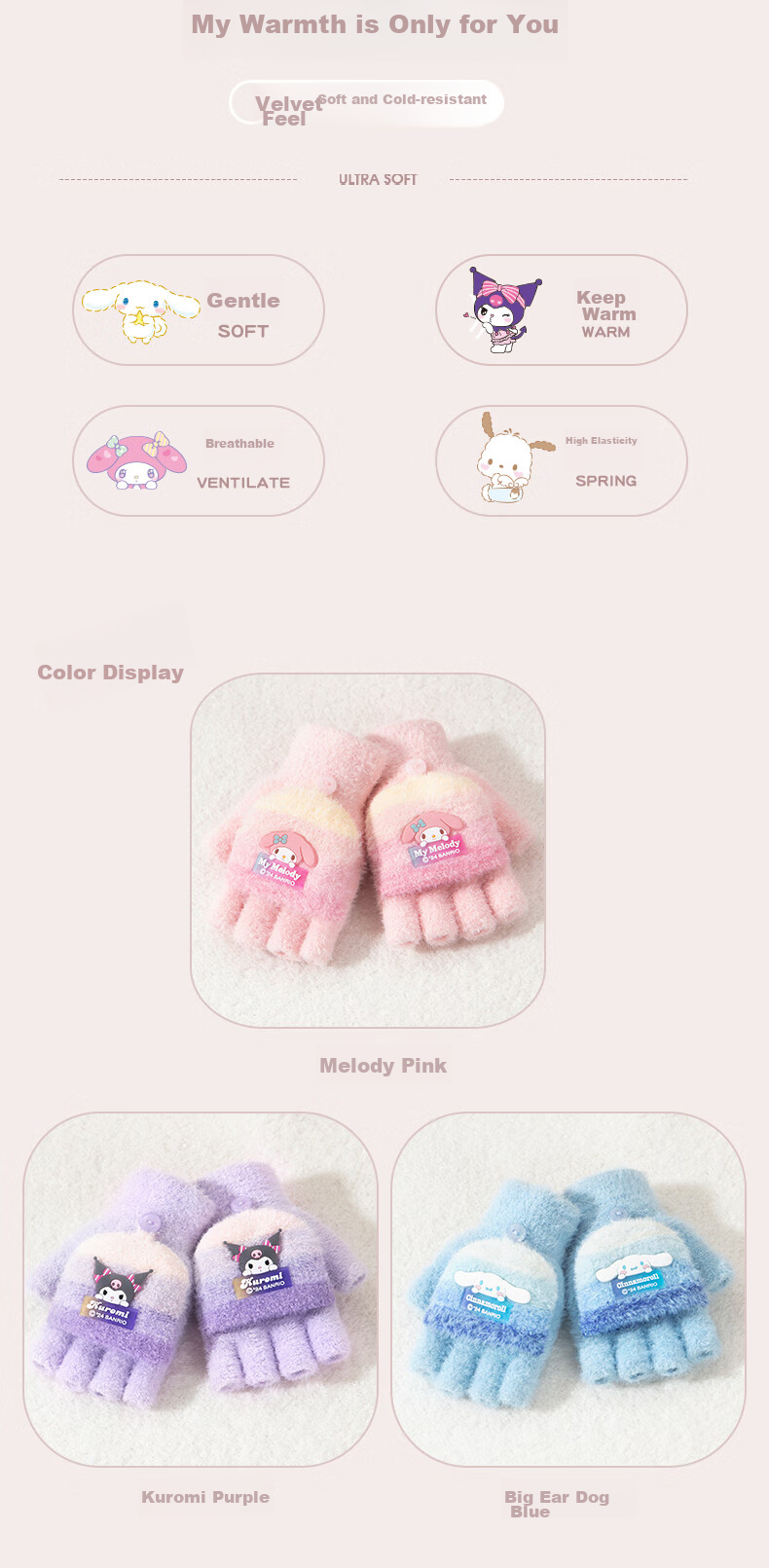 Hello Kitty Children's Winter Warm Knitted Half-Finger Gloves Cute Girls Big Kids Writing 3121D Melody Pink 1