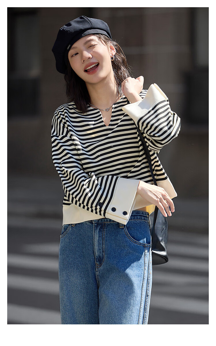 Dme Classic Black And White Color-Block Sweatshirt, Spring And Autumn Simple Design, Collar with Small V-Neck, Stylish Slit Desig 2