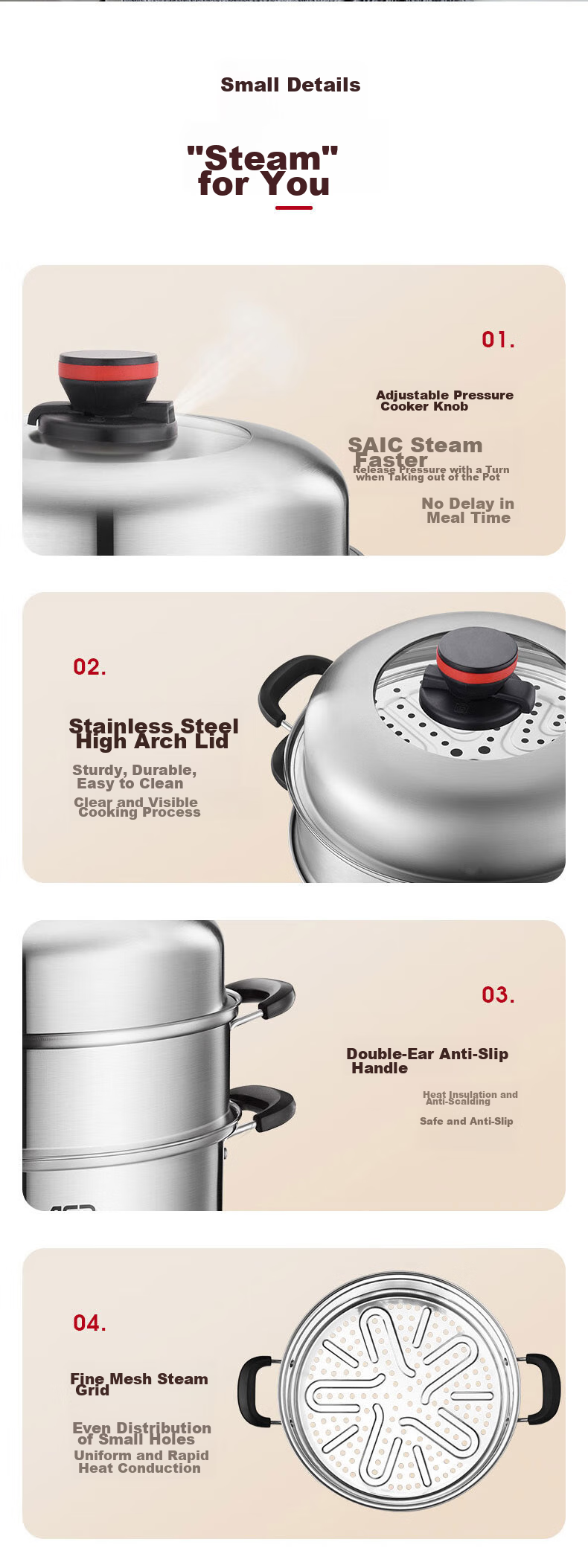 ASD Steamer Pot, Three Layers, 30CM Thickened Base, High-Arch Lid, Large Capacity Fish Steaming Pot, ZS30A5WG 13
