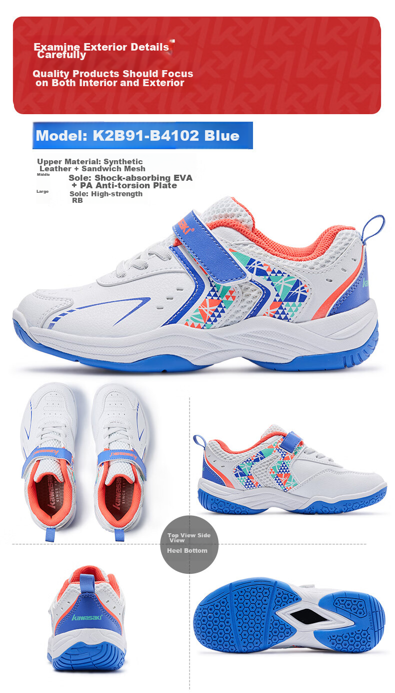 KAWASAKI Youth Badminton Shoes, Wear-Resistant, Shock-Absorbing, Breathable, Sports Running Shoes B4102, Pink, Size 32 13