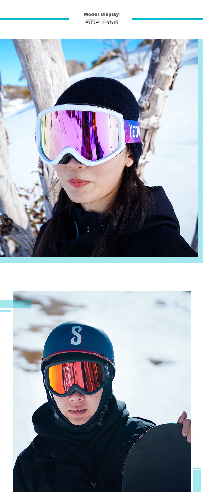 YEON Ski Goggles with Double Anti-Fog Coating, High Definition Protective Eyewear, Asian Frame Style, Unisex, 2MX126-A901, White Frame with Blue Lenses 7