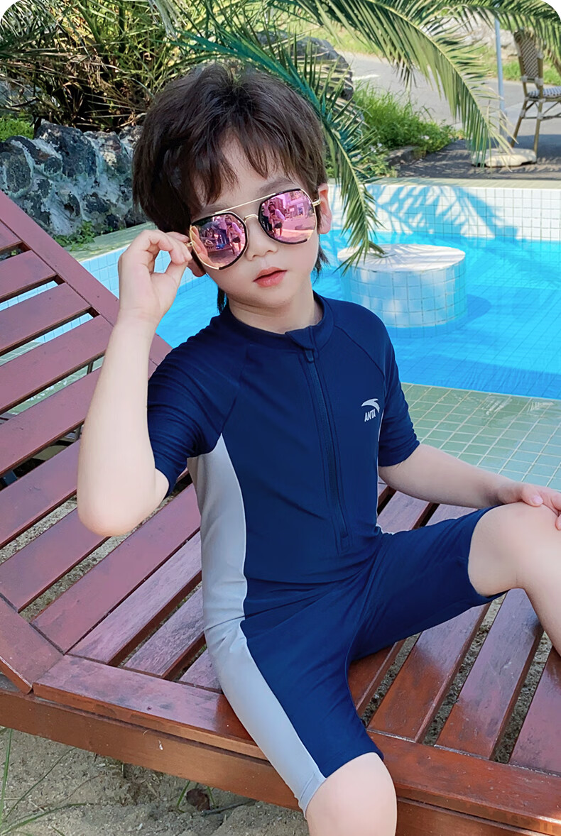 ANTA Boys' Swimwear 2024 New Kids' One-Piece Quick-Dry Youth Professional Training Swimsuit Blue White 150 5