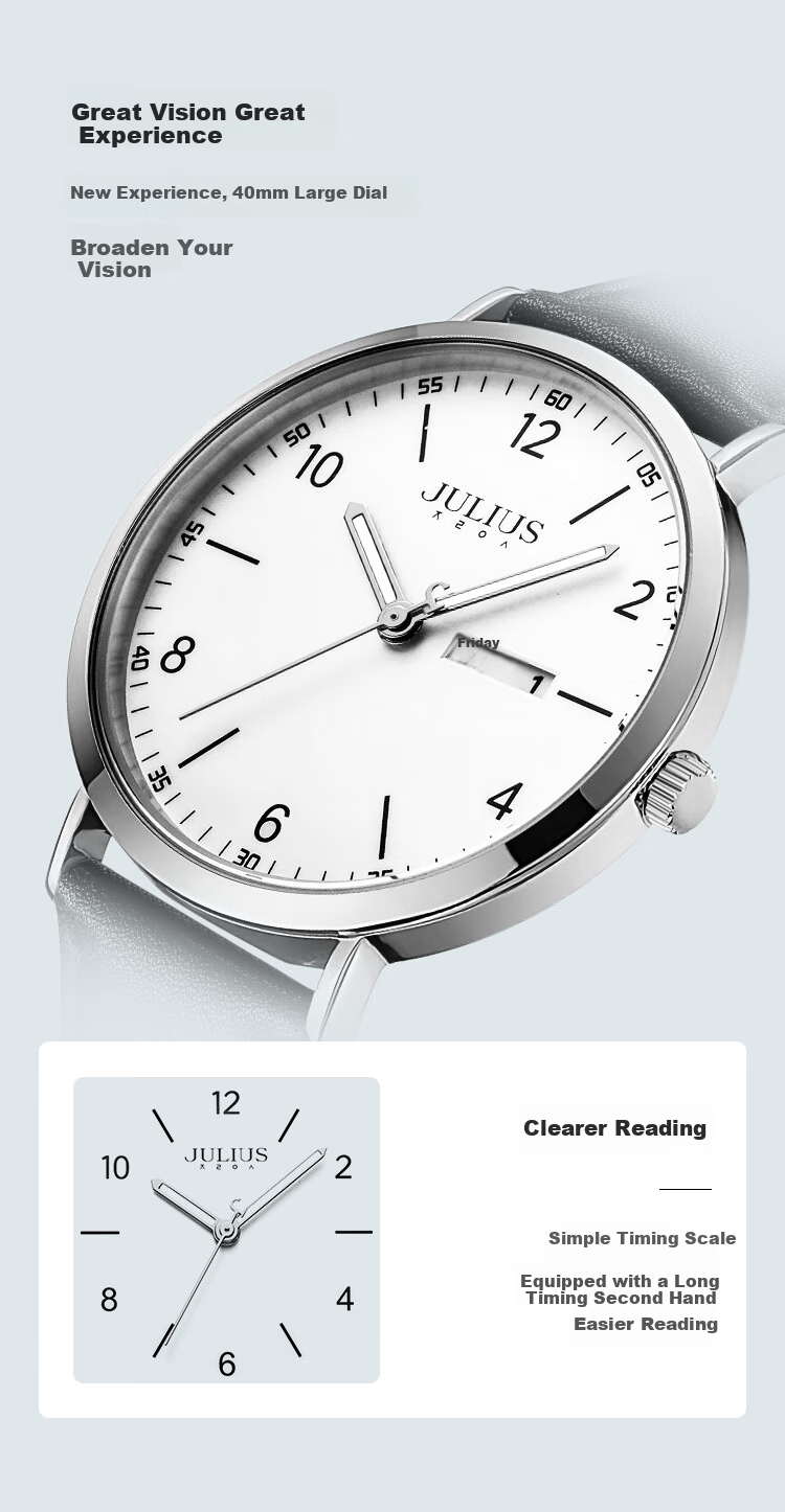 Julius Watch for Men, New Style, Suitable for Middle And High School Students, Exam Calendar Quartz Watch with Black Strap And White Dial JA-1516MA 4