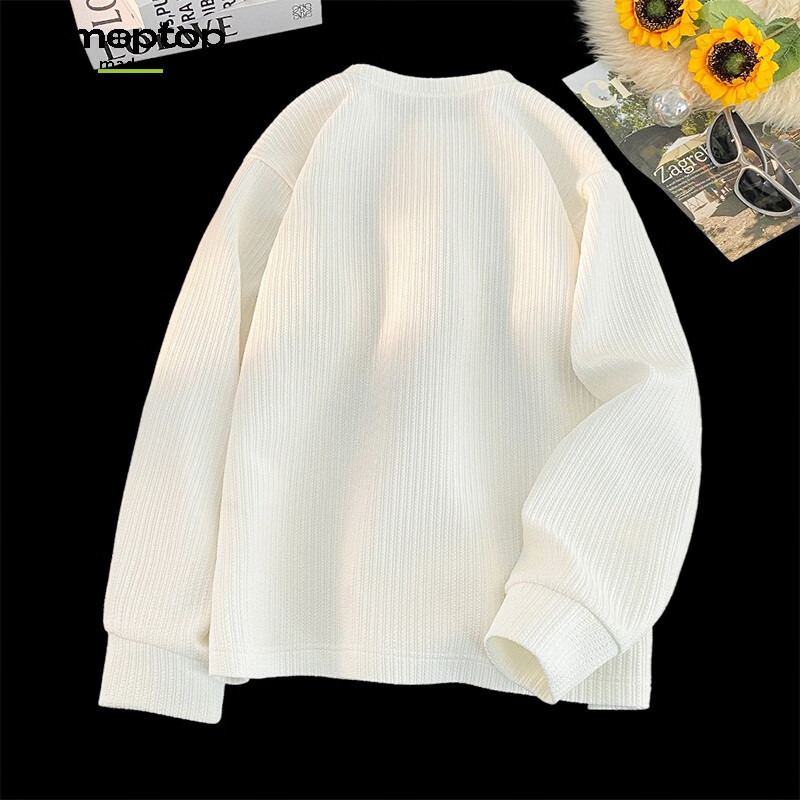MMOPTOP American Style Henry Collar Long Sleeve T-Shirt Autumn Winter Men's Textured Solid Color Base Shirt MTX20 White XL
