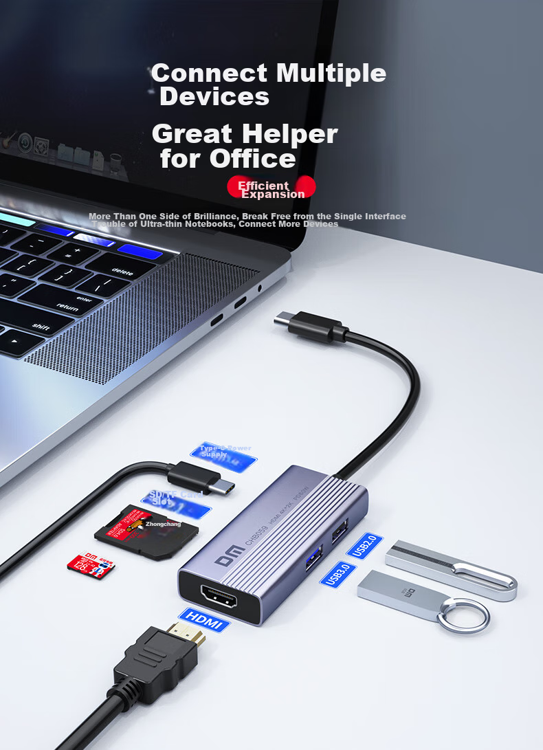 DM Daimai Type-C Six-In Expansion Dock, USB-C to HDMI Adapter, Apple Huawei Computer IPad Converter, 4K Screen Mirroring Expansion Card Reader, CHB059 2