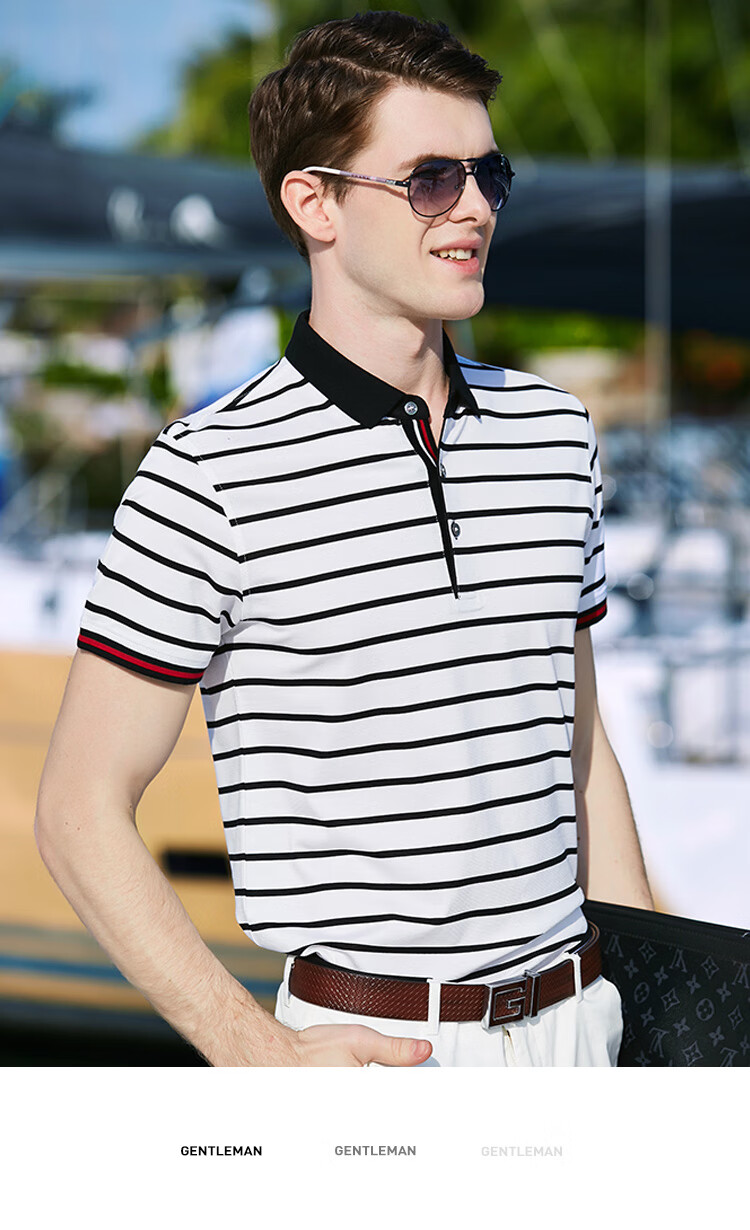 Andongniao [11.4% Mulberry Silk + 88.6% Cotton] Men's High-End Short-Sleeve Polo Shirt, Summer Contrasting Striped Short-Sleeve T-Shirt 10
