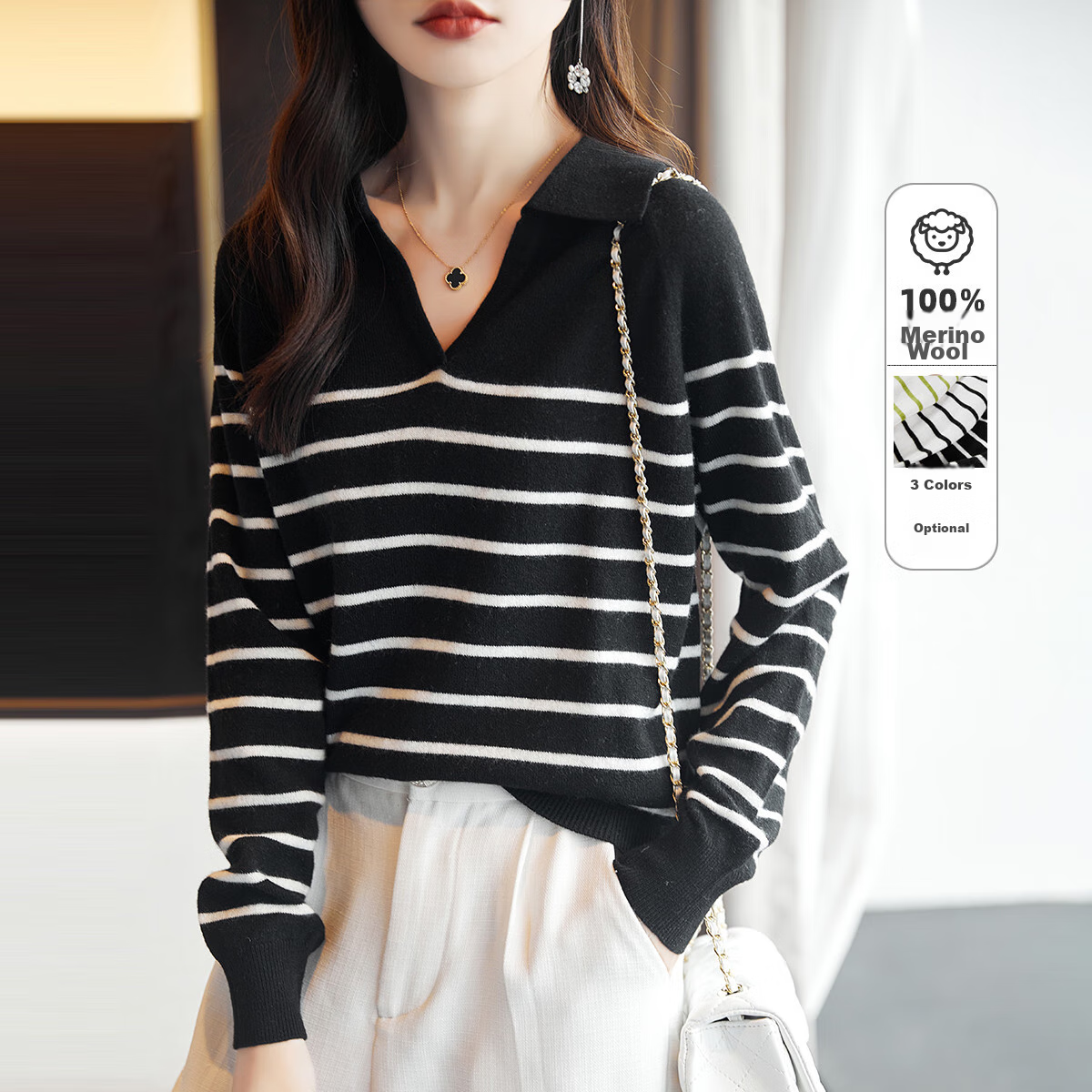 Dme Wool V-Neck Striped Sweater, Elegant And Relaxed Women's Wool Sweater, Black, L