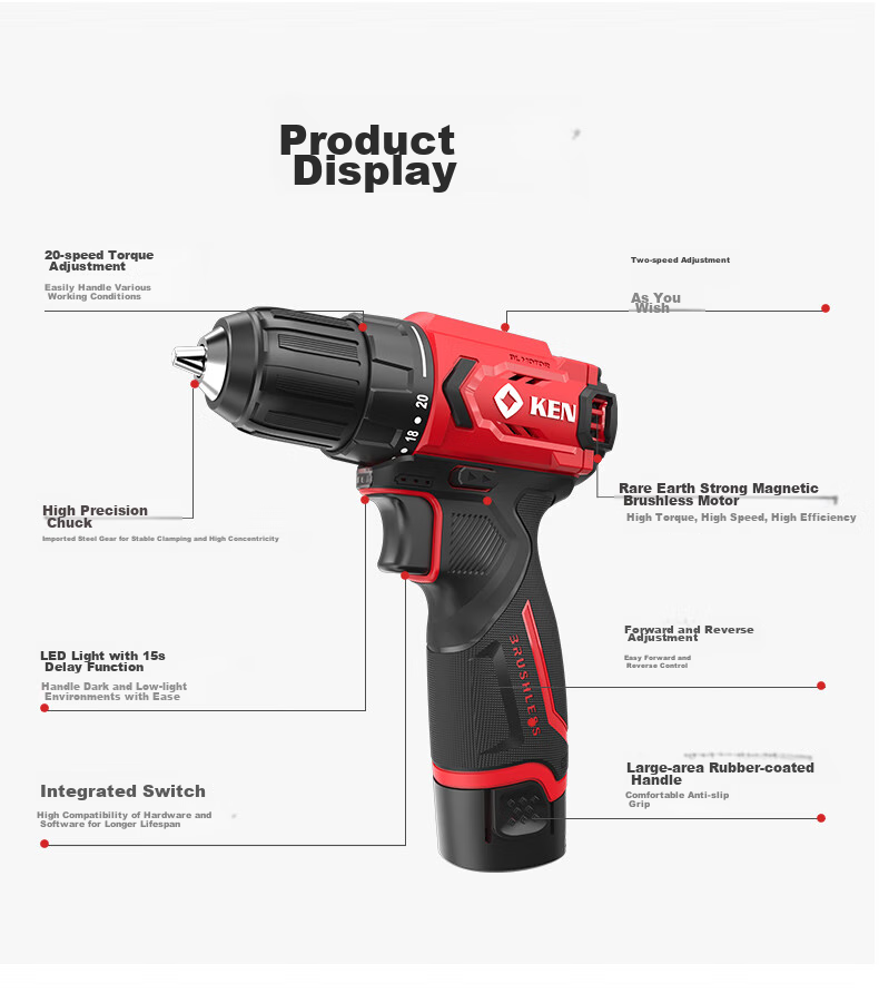 KEN Lithium Battery Drill, Brushless Electric Drill, Rechargeable Drill, Household 12V Screwdriver, BL7312 Bare Tool, Electric Power Tool, Screwdriver Machine 14