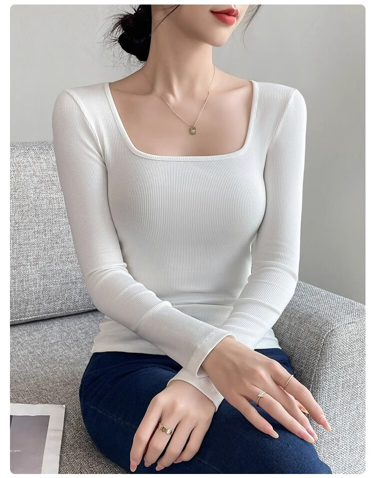 NOME Square Neck Ribbed Long Sleeve T-Shirt for Women, Autumn New Style Design Waist-Cinching Slimming Inner Layer Top, Black, M 5