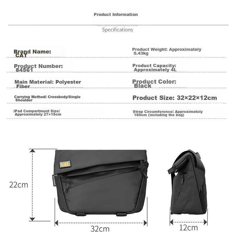 CAT Messenger Bag, Single Shoulder Crossbody Bag, 11-Inch IPad Briefcase, Trendy Chest Pack, Horizontal Style, Motorcycle Outdoor Bag, Black, 84561 3