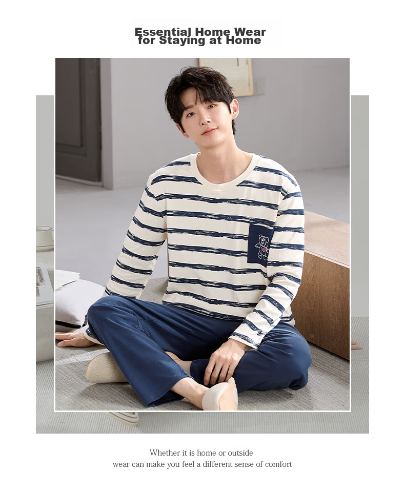 FENTENGCARE [100% Pure Cotton Breathable] Men's Pajamas, Spring And Summer Round Neck Pullover Long Sleeve Loungewear, Suitable for Outdoor Wear QH 8
