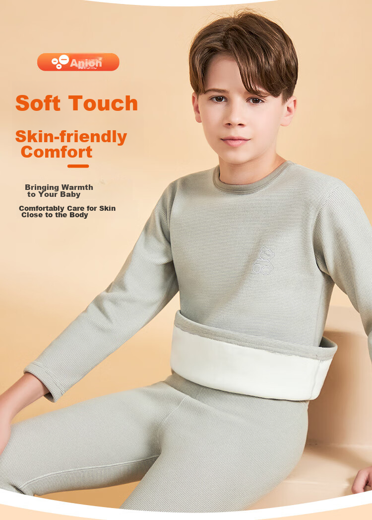 LangSha Children's Thermal Underwear Set, Boys' Autumn And Winter Yang Ion Fleece-Lined Undershirt And Pants, Big Kids' Pajama Set, Blue with Thin Stripes, Size 150 (Recommended Height 140-150cm) 6