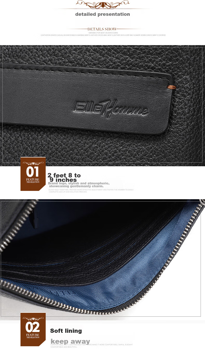 ELLE HOMME Business Men's Clutch, Soft Top-Grain Leather Envelope Bag, Large Capacity Multi-Compartment Handbag EB084800101 Black, Birthday Gift for Boyfriend 9