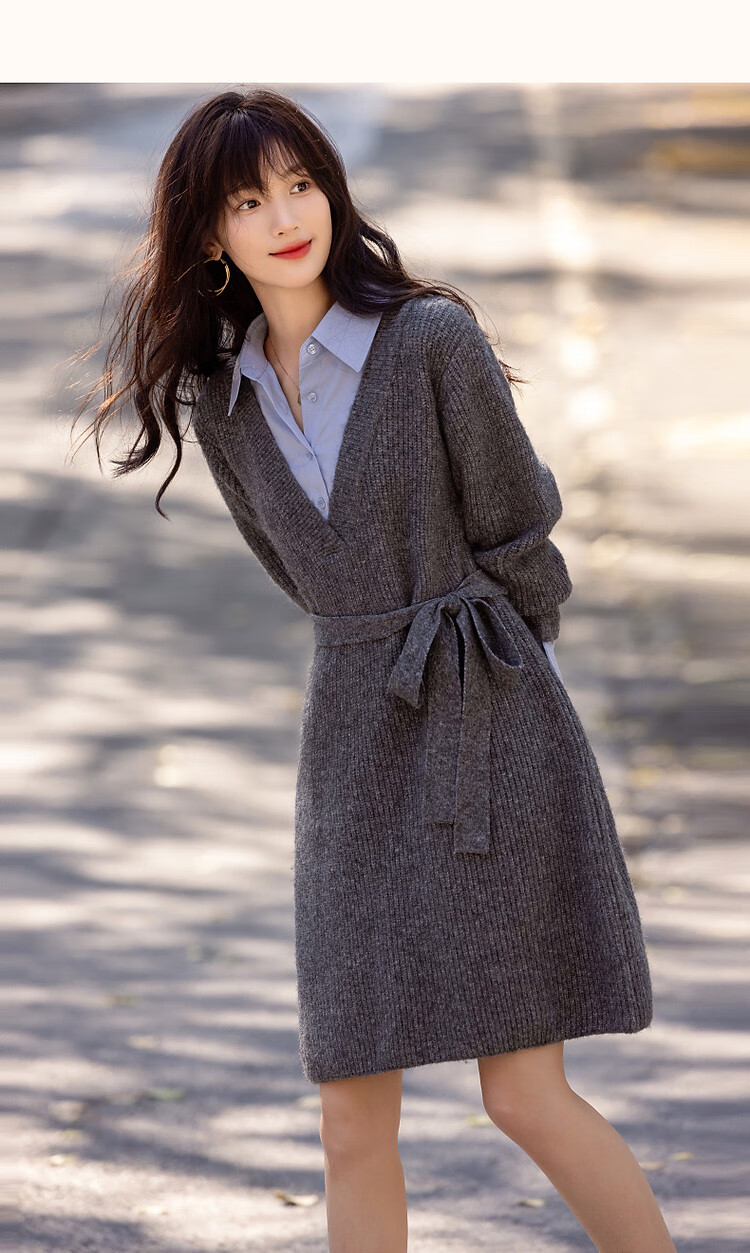 Dme [Tianyan Gaozhi Chande] Winter Faux Two-Piece Color-Block Belt with Breathable Merino Wool A-Line Dress for Wome 13