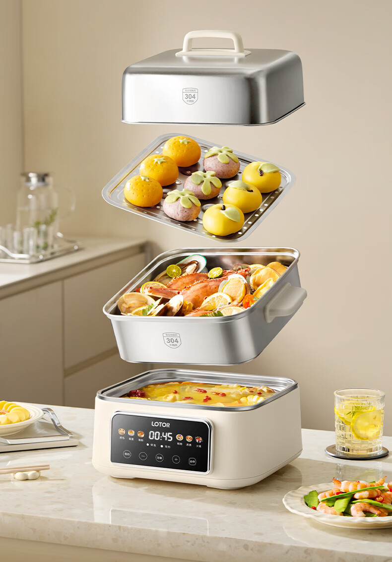 LOTOR Multi-Functional Electric Steamer Pot, Breakfast Stewing And Steaming All-In 2-3 Layer Steamer Pot, Electric Cooker, Small Size for 1 Person Or 2, Stainless Steel Large Capacity for Home Use, 3-4 People, Multifunctional Pot without Coating 6