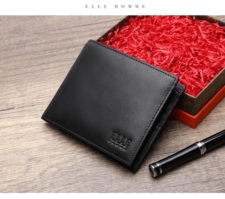ELLE HOMME Men's Short Wallet, Top-Grain Leather Multifunctional Card Holder, Horizontal Style Money Clip 0620, Birthday Gift for Me 2