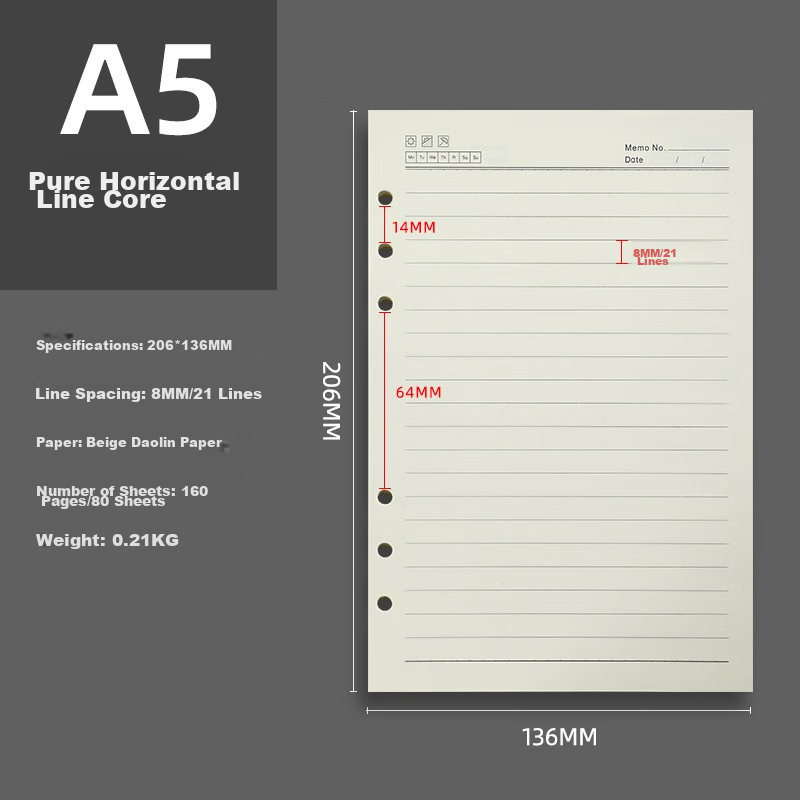 Jiaranheng Loose-Leaf Notebook Refill Paper, Thick Lined Pages for A5/6-Ring Notebooks, 80 Sheets Per Book, A5 Refill Booklet