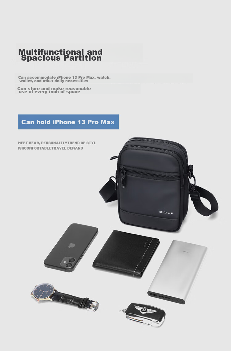 GOLF Shoulder Bag for Men, Casual Large Capacity Crossbody Bag, Multi-Compartment Phone Bag, Water-Resistant Trendy Portable Sports Hanging Bag, Versatile Fashionable Small Backpack 5I796325J Misty Black 10