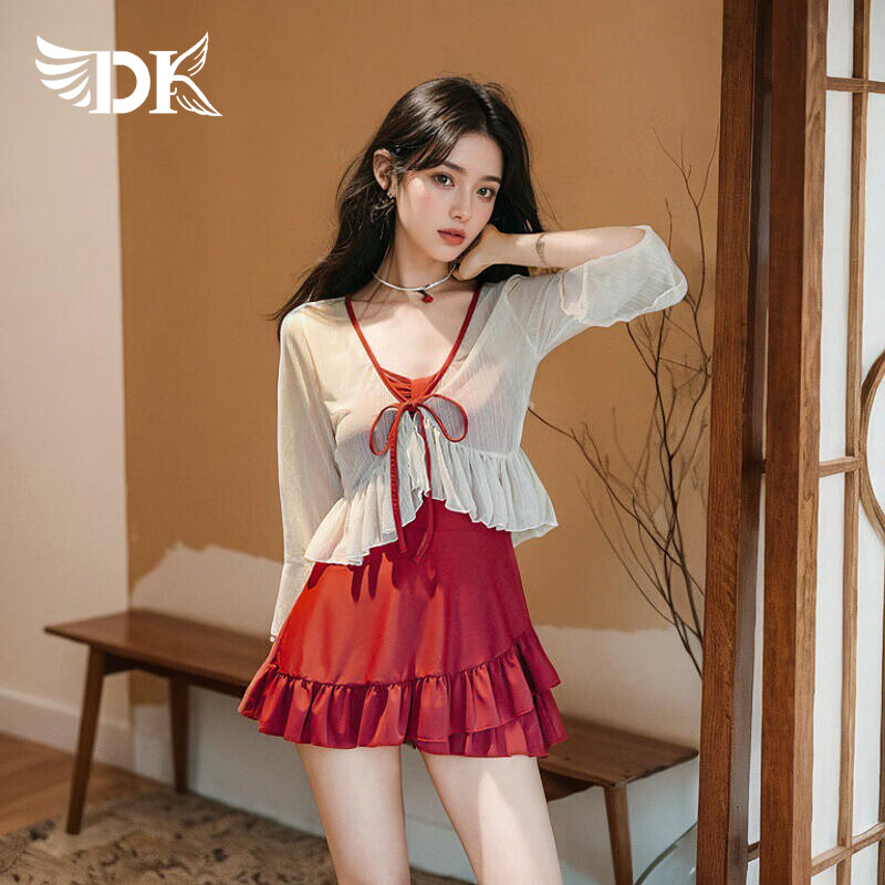 DK One-Piece Swimsuit for Women, Conservative Style, 2026 New Long-Sleeve Design, Elegant And Slimming, Suitable for Curvy Girls, Conceals Body Flaws, Perfect for Hot Springs, Size M