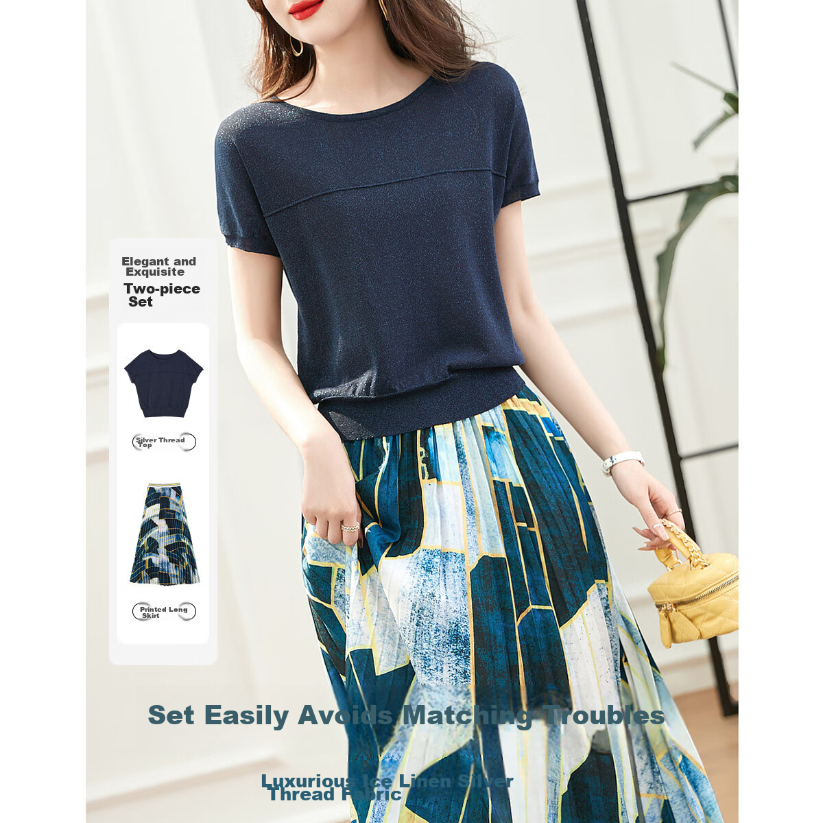 Dme [Intelligent Outfit] Spring And Autumn Ice Linen Gold And Silver Thread Top Printed Skirt Two-Piece Set for Women, Fashionable