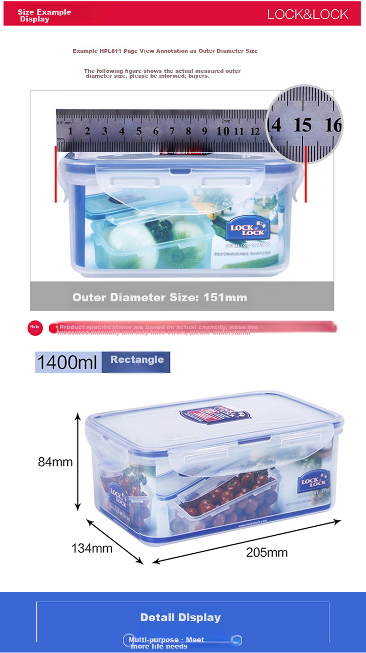 LOCK&LOCK Plastic Airtight Lunch Box Food Storage Container Refrigerator Storage Box 1.4L 2