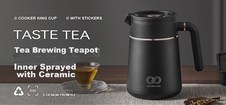 COOKER KING Ceramic Lock-In Large Capacity Tea Infuser Pot with Separate Compartments for Brewing And Insulating Tea, Black 1L 1