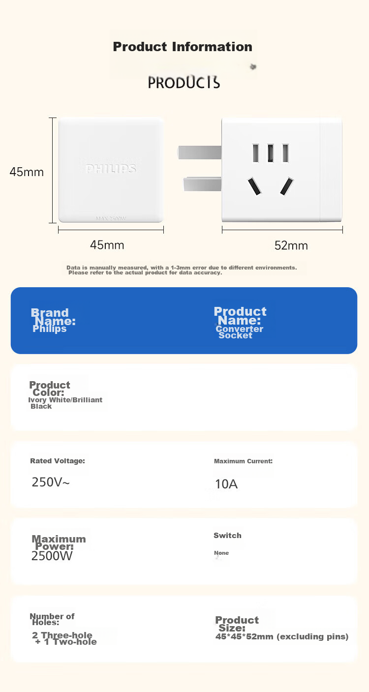 PHILIPS Cube Power Adapter, Dormitory Converter Plug, Socket Extender, Mini Wireless One-To Socket Converter, 1 Outlet 2 Holes + 2 Outlets 5 Holes Combination Socket 1032W 10