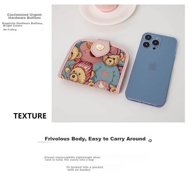 Xiaoxiongyilian Women's Wallet, New Cute Fabric Design, Multifunctional Card Holder, Mini Compact Exquisite Short Coin Purse, Christmas Gift 14