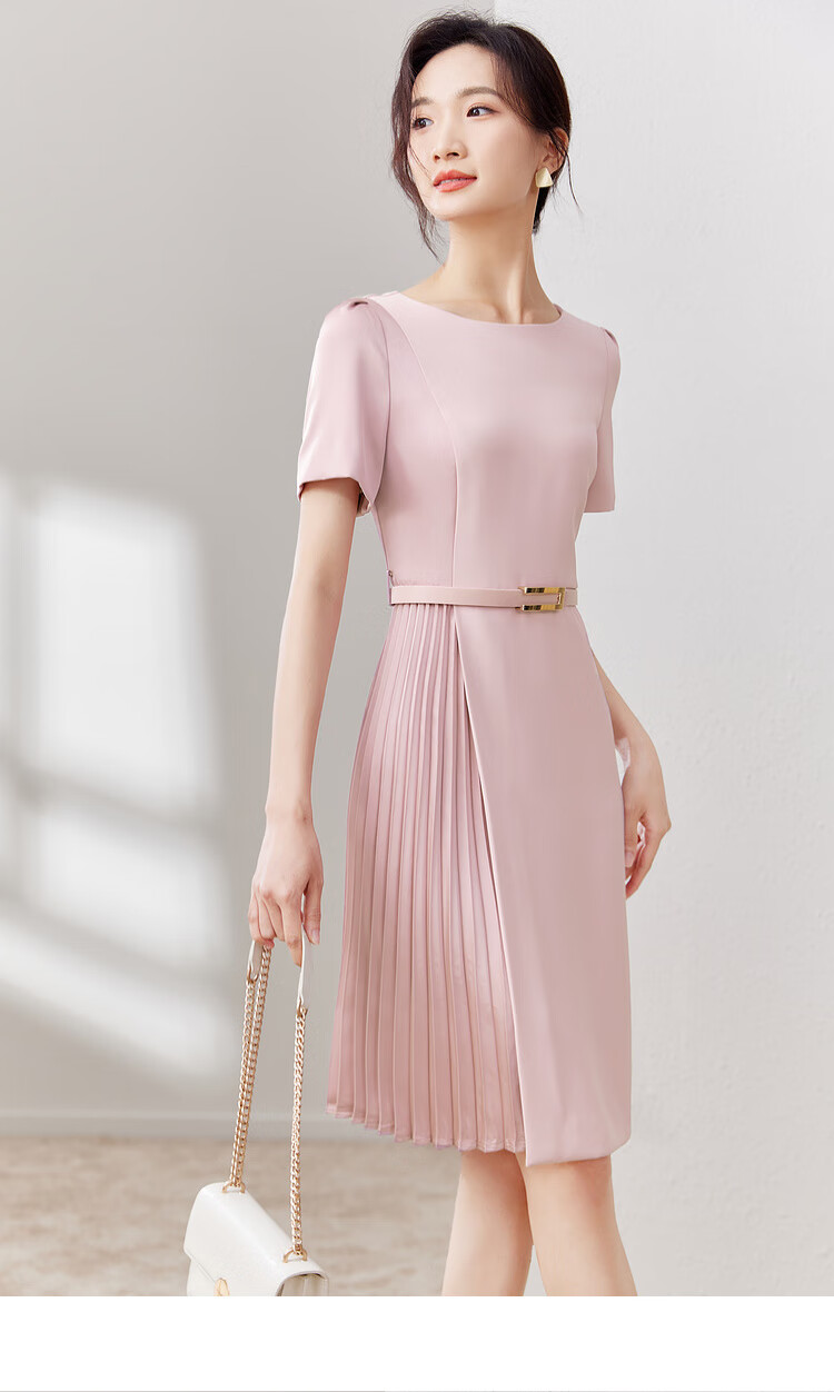 Sentubila Design-Inspired Patchwork Dress, Summer Elegant Pleated Skirt for Petite Figures, Apricot Color, Size S 21