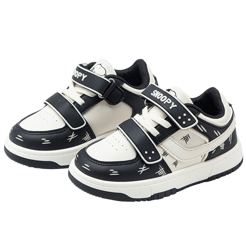 SNOOPY Children's Shoes, Boys And Girls Sneakers, Low-Top Versatile Skateboard Shoes, Comfortable White Shoes, Trendy 7880, Beige-Black, Size 33