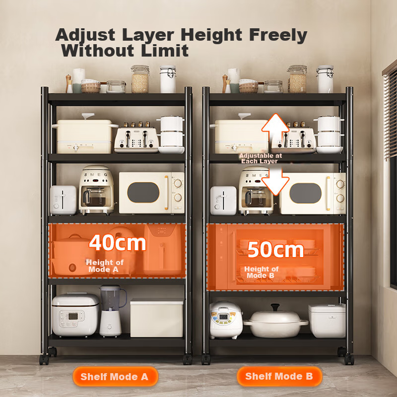 QIAONAMEI Kitchen Storage Rack, Floor-Standing Mobile Organizer Shelf, Oven Rack, Storage Shelf, QNM6135-BK