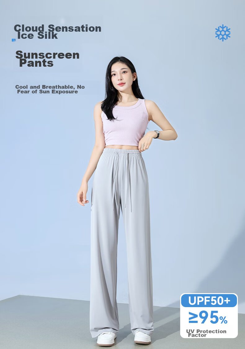 FitonTon Slim Ice Silk Sun Protection Wide-Leg Pants for Women, Summer Cool Thin High-Waist Draping Slimming Straight Casual Pants 1