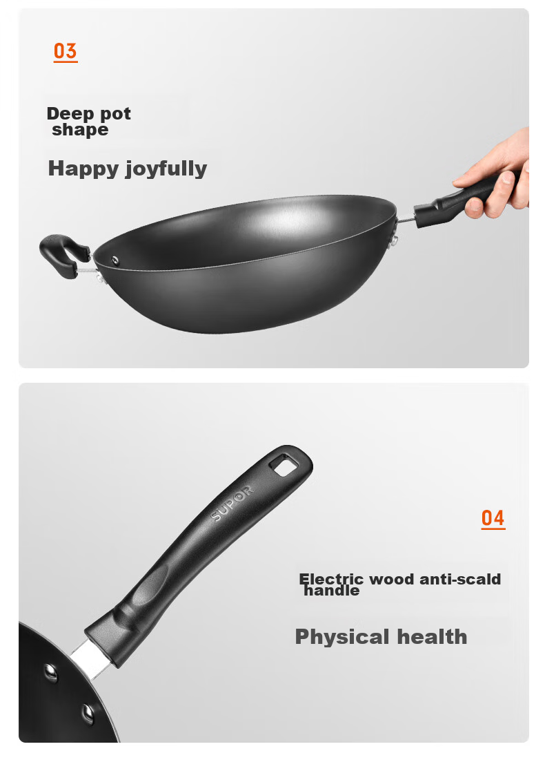 SUPOR Wok Iron Pan Cast Iron Traditional Iron Pan for Home Use, Uncoated Stir-Fry Pan Compatible with Gas And Induction Stoves FC34E21 12