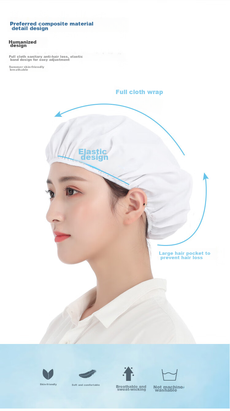 Pinzhide PTH020 Women's Work Cap, Dust-Proof Breathable Hooded Elastic Hygienic Kitchen Chef Hat for Factory Workshop, Washable Cotton, White, 2-Pack 4