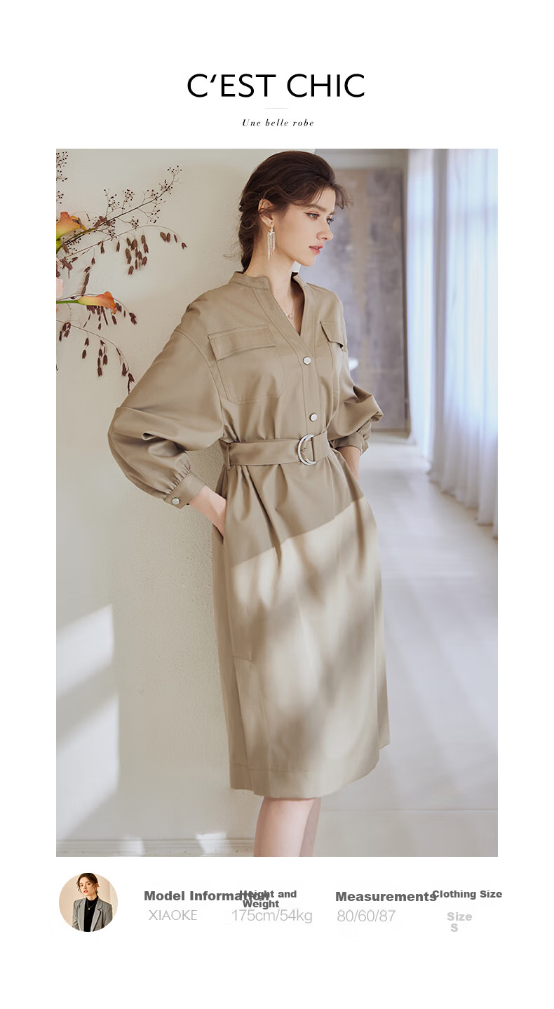 ROEYSHOUSE Waist-Cinching Commuter Dress, 2026 Autumn Collection, Elegant Tie-Waist Midi Skirt 07245, Khaki Green, Size S 5