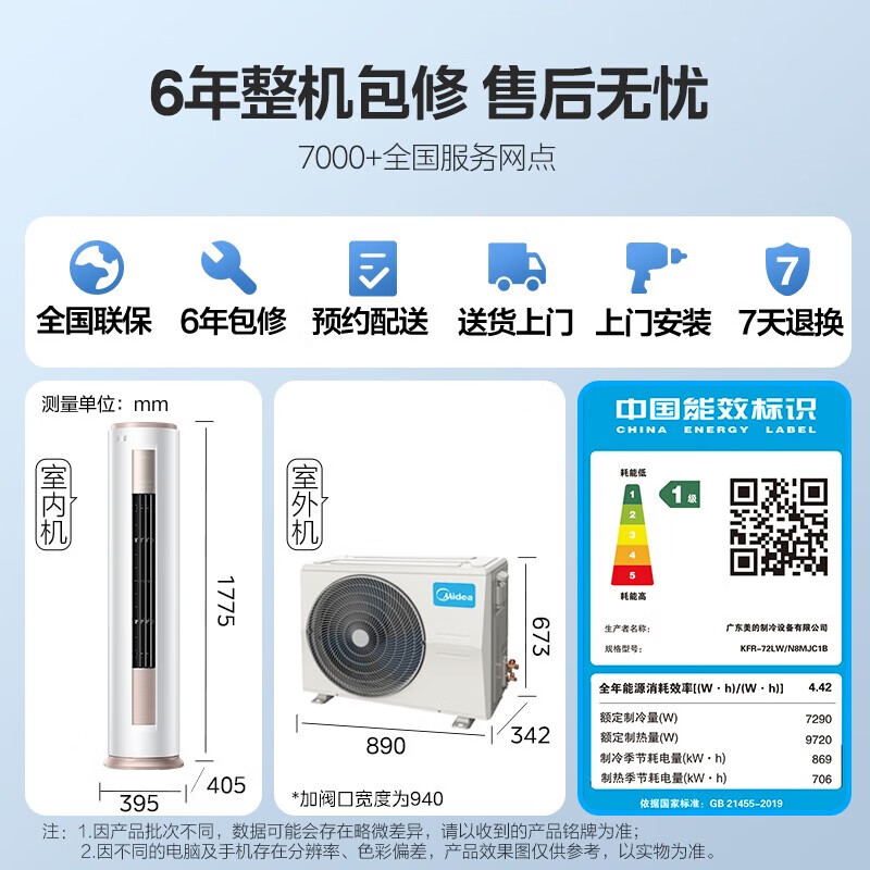 美的（Midea）空调柜机 风酷 新一级能效 全直流变频 冷暖两用 省电客厅圆柱立式落地式客厅静音 独立除湿 3匹 一级能效 KFR-72LW/N8MJC1B