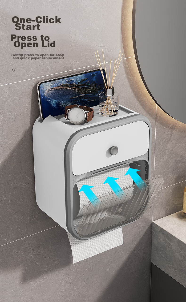 Shangmeide Wall-Mounted Waterproof Storage Rack, No-Drill Bathroom Tissue Box Holder, Paper Towel Dispenser 3