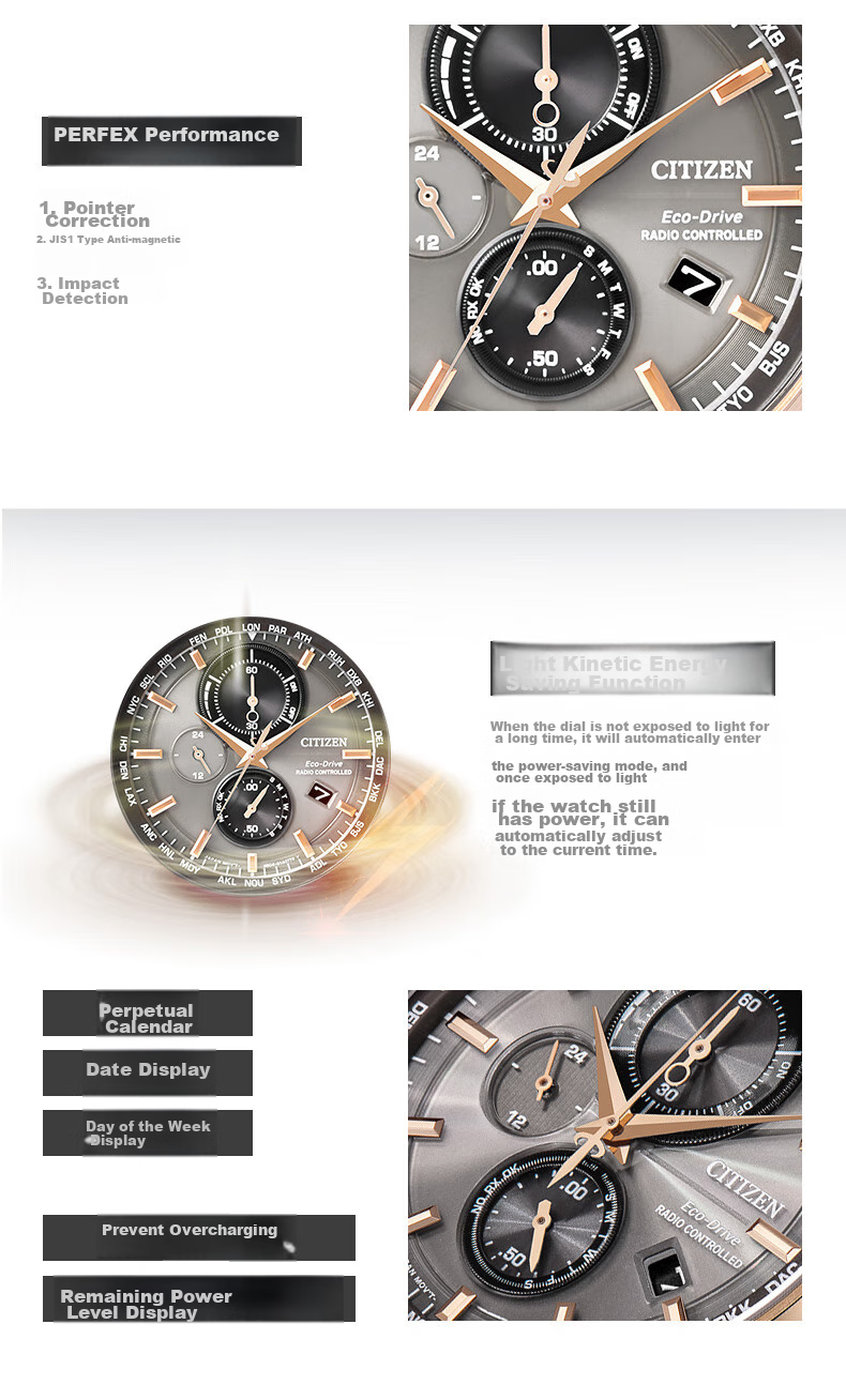 CITIZEN Watch for Men, Japanese And Korean Style, Eco-Drive, Radio-Controlled, Three-Dial Display, Leather Strap, Business Style, Gift for Boyfriend, AT8113-12H 5