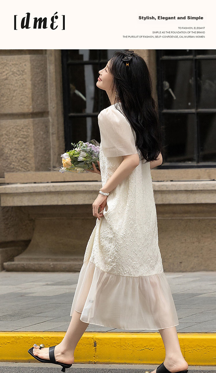 Dme [Open Lady's Daily Wear] Summer Round Neck Elegant Jacquard Patchwork Puff Sleeve Straight Bodycon Dress 1