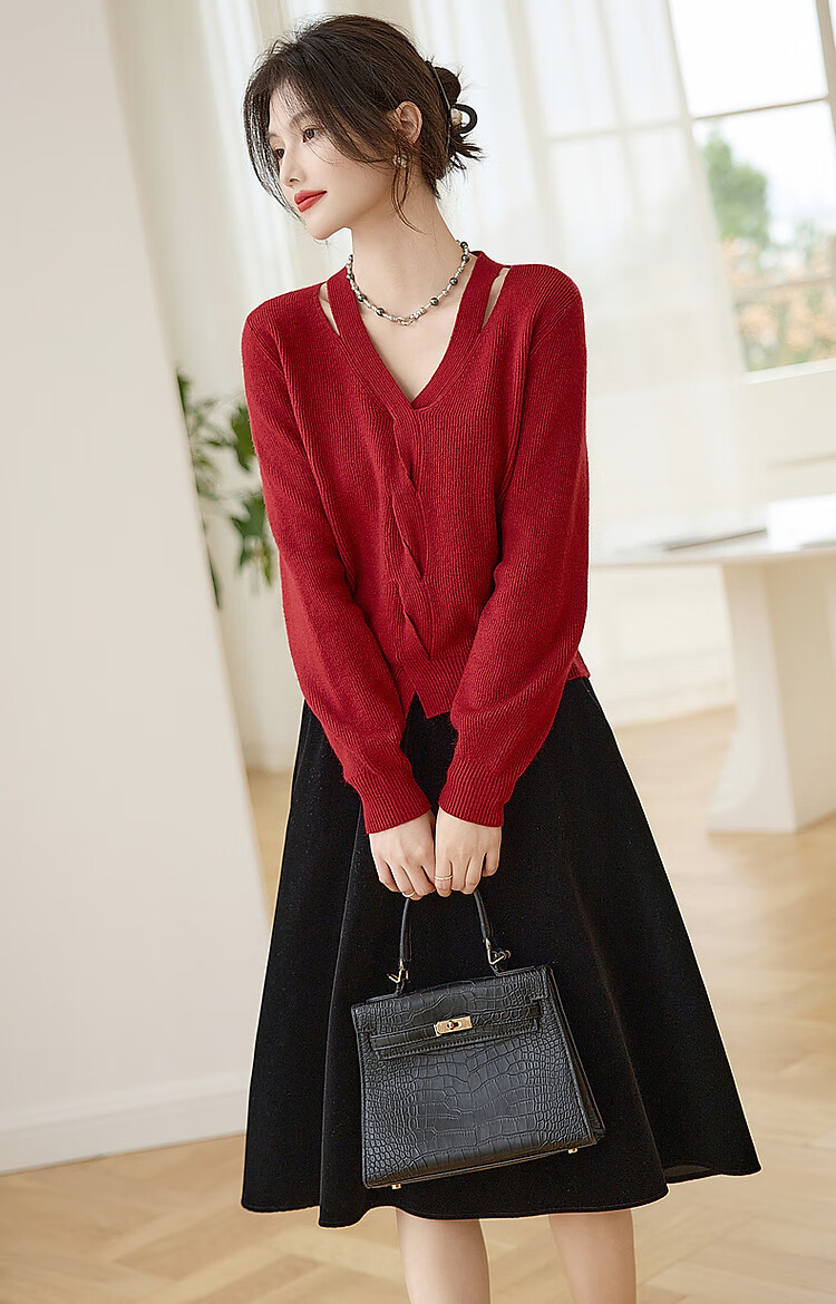 Dme Elegant Petite Woman Spring Autumn Sexy Hollow Out Cable Knit V-Neck Slim Yarn Sweater Top for Women 6