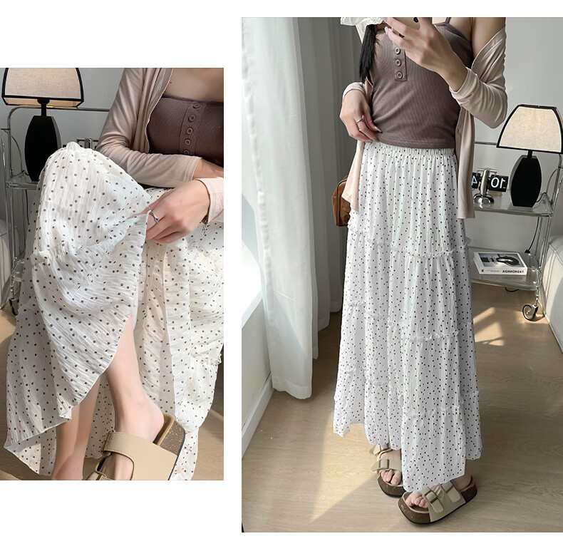 Langsha French Style White High-Waist Elastic Waist A-Line Polka Dot Long Skirt Japanese Style Cake Skirt for Women 2026 Summer 13