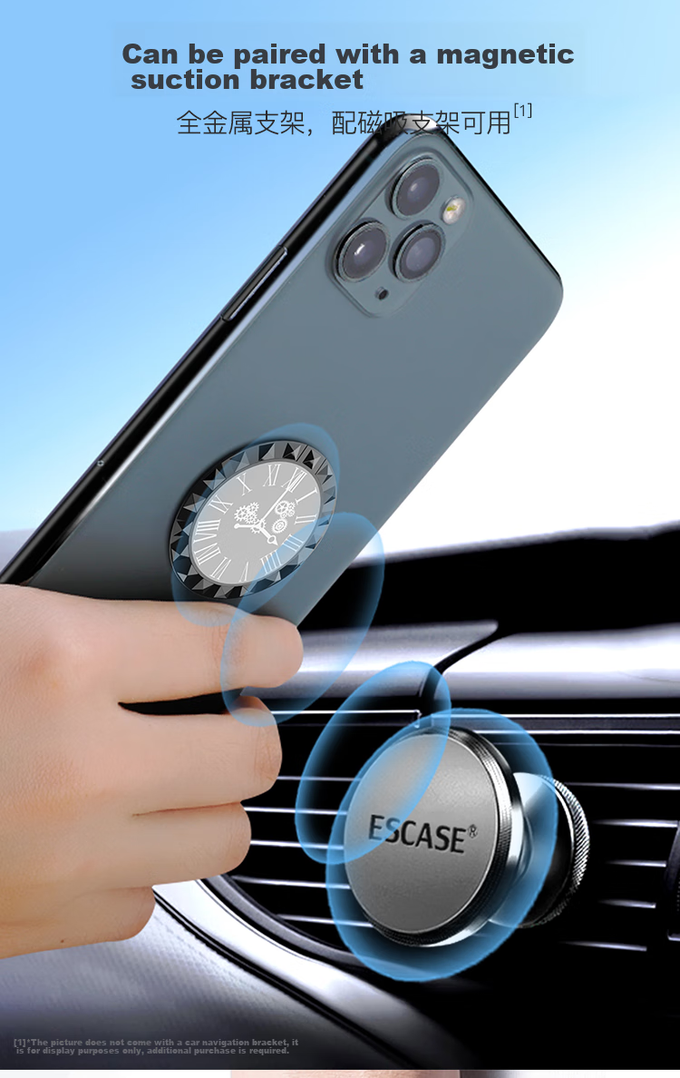 ESCASE Phone Ring Holder Desktop Stand Ultra-Thin Wristband Clip Lazy Ring Compatible with Car Magnetic Mount for Apple Huawei Xiaomi Universal Obsidian Black 10