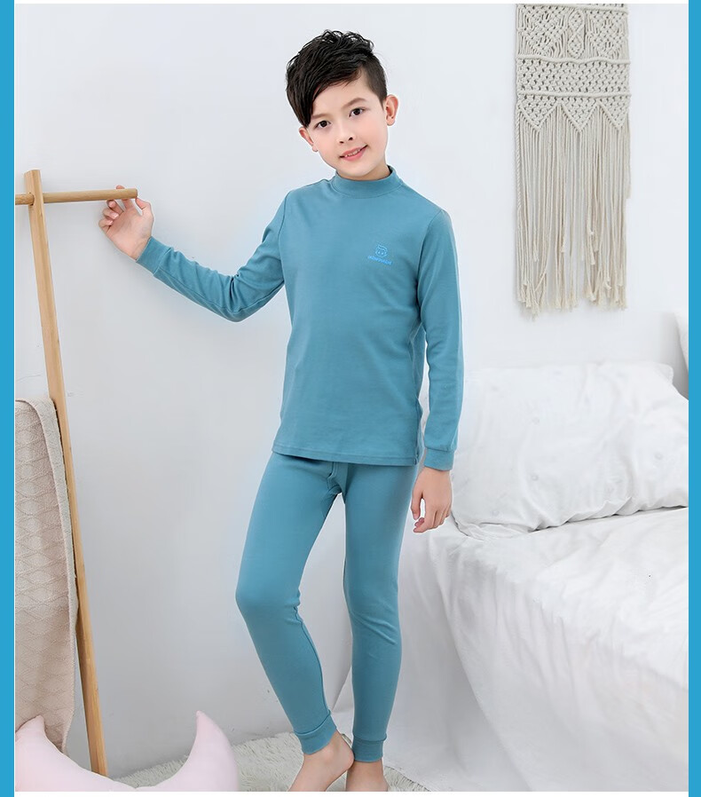 Hengyuanxiang Boys' Children's Underwear Set Youth Pure Cotton Mid-Neck Autumn Shirt and Pants Sleepwear for Boys and Students 40