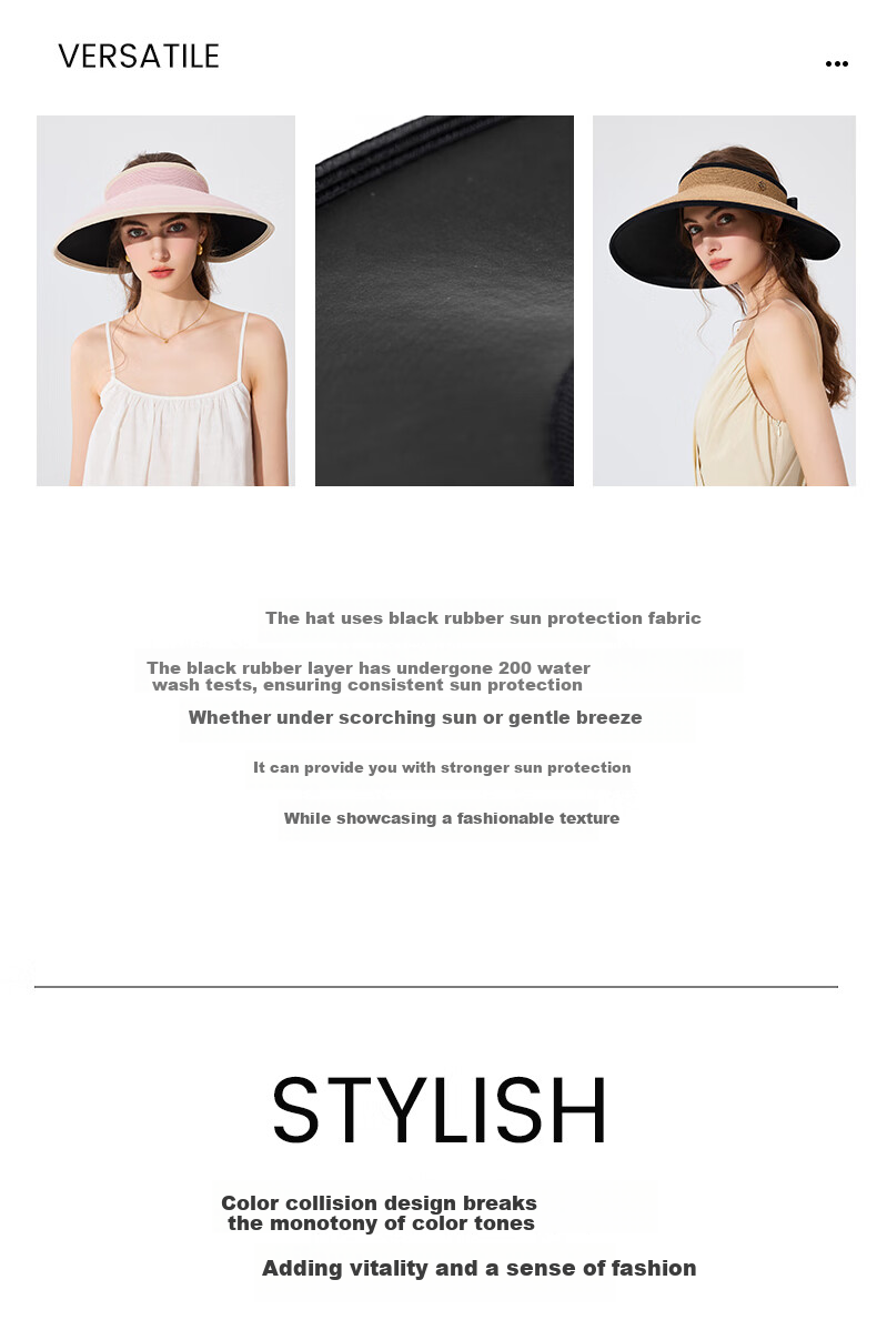 FANCET Women's Spring And Summer Japanese-Style Color-Block Hat, Black Glue Wide Brim Sun Protection Straw Hat for Travel And Vacation, Breathable Sunhat 4